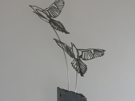 Stainless steel plate figure of two birds, placed on bluestone pedestal.
 
Measurements:

Figure 50 x 30 x 70 cm.

Series of 8, of which 4 sold.

