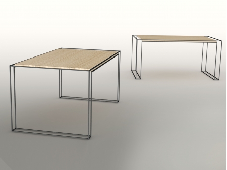 Handmade oak table surrounded by a stainless steel harness. Measurements: 160 x 90 x 75 cm. Series of 2, of which 1 sold. 