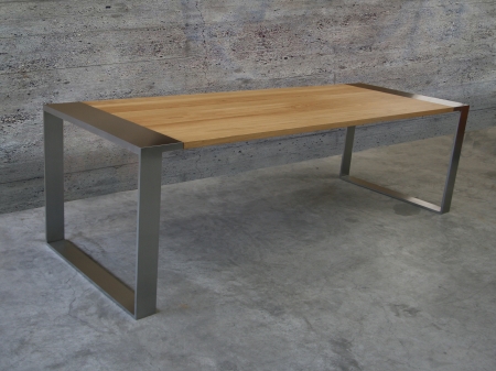 Oak table with stainless steel undercarriage and legs. Measurements 210 x 90 x 75 cm. Series of 1, of which 0 sold. 