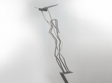 Stainless steel thread figure of a woman holding a bird, on a ribbon pedestal made of stainless steel with a freestone base. 

Measurements: 160 x 70 x 50 cm. 

Series of 8 pieces. Still available. Request information how much is still available and where exhibited.