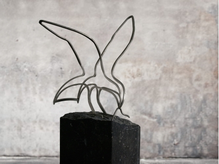 Stainless steel thread figure of a bird with a worm in its beak, placed on a bluestone pedestal.

Measurements: 40 x 30 x 20 cm. 

Series of 8, of which 5 sold.