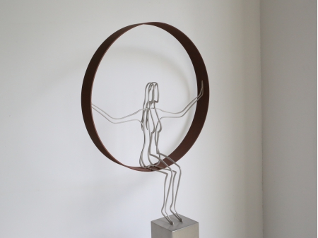 Stainless steel thread figure of a woman sitting on a Cor ten steel ring. The figure is placed on a stainless steel pedestal with measurements 99 x 10 cm. Measurements figure: 43 x 25 x 75 cm.

Series of 8, of which 0 sold.