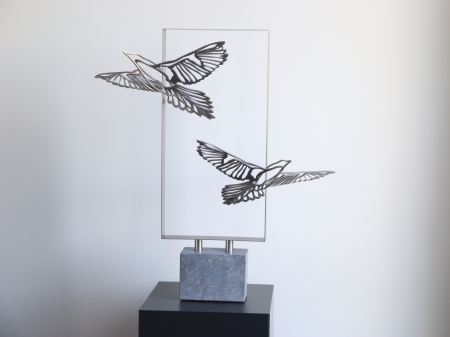 Stainless steel frame holding 2 birds.
Placed on a bluestone pedestal.

Measurements: Figure 550 x 190 x 570 cm. 

Series of 8, of which 4 sold. 