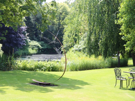 Brushed stainless steel Tern on corten steel curve. Measurements: 230 x 120 x 130 cm. series of 8 pieces 6 sold.