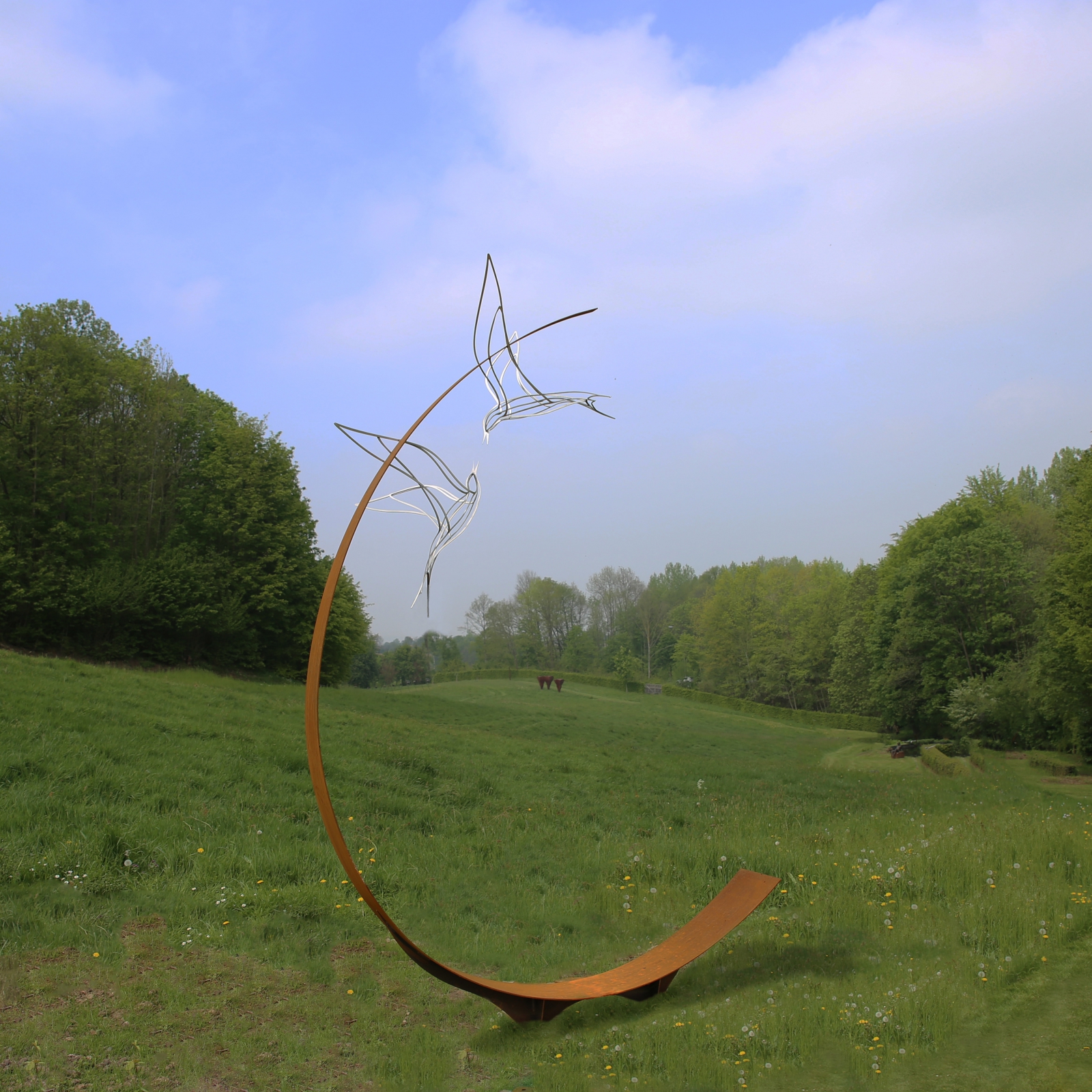 Brushed stainless steel Tern on corten steel curve. Measurements: 230 x 100 x 350 cm. series of 8 pieces 2 sold.